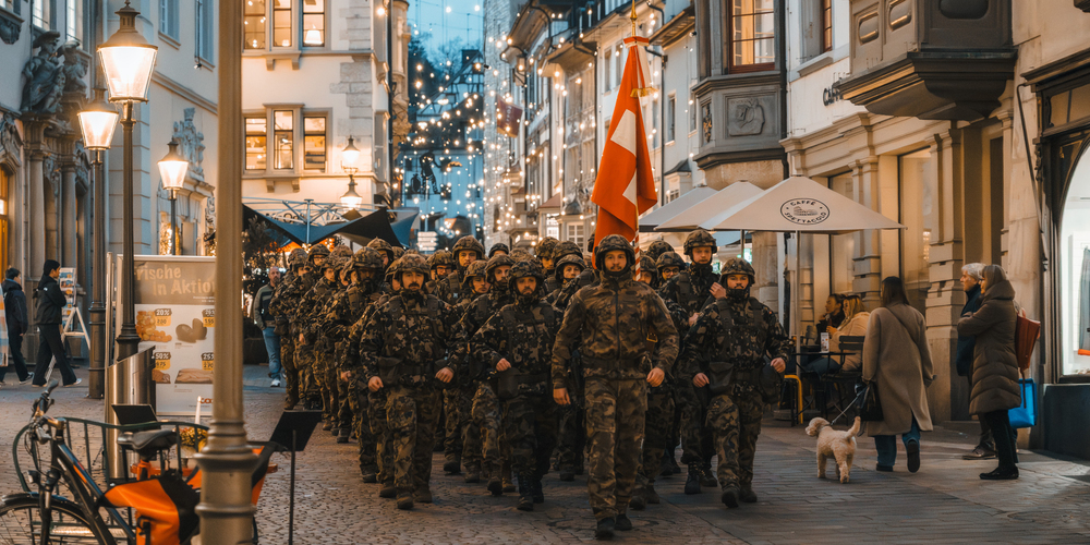 Bat Inf 61 marschiert durch die Gassen der Schaffhauser Altstadt.