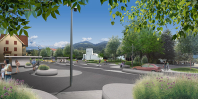 So soll der zukünftige Dorfplatz in Buttikon – vom Glasi-Areal her gesehen – aussehen.