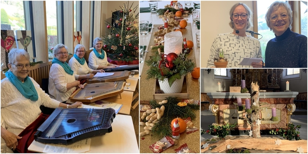 Impressionen von der Feier: Zithergruppe (l.), Tischdekoration (m.), Jutta Schubiger und Cornelia Munz (r.o.), Altar in der Kirche Schmerikon (r.u.).