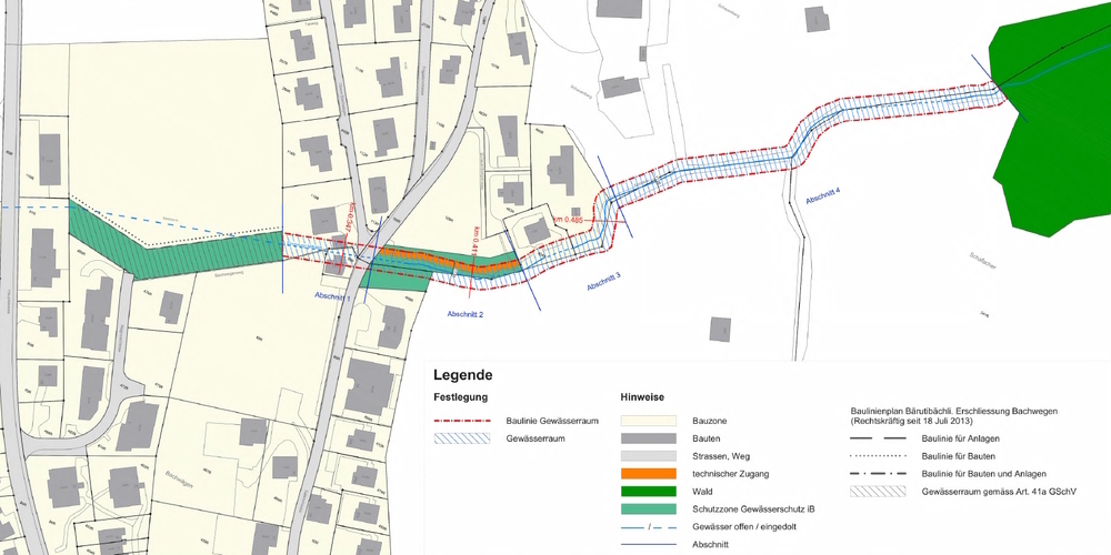 Ausschnitt des Sondernutzungsplans zum Riedner Bärütibächli mit Festlegungen zu Gewässerraum (blau schraffiert) und Baulinien (rot gestrichelt).