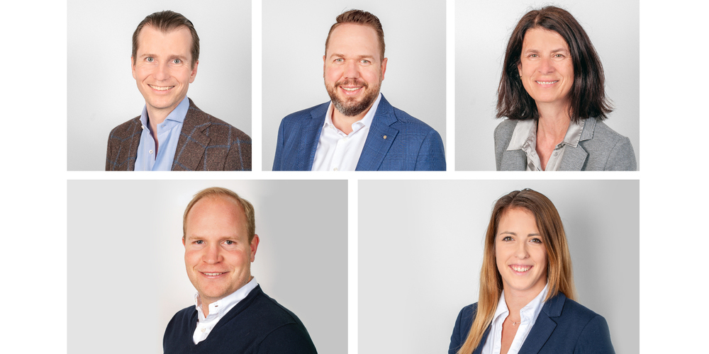 Die Verwaltung der Energiegenossenschaft Ausserschwyz: (oben v. l.) Alexander Lacher, Diego Föllmi (Präsident) und Kaja Steinegger; (unten v. l.) Philipp Züger und Tanja Kaufmann. 