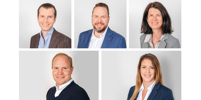 Die Verwaltung der Energiegenossenschaft Ausserschwyz: (oben v. l.) Alexander Lacher, Diego Föllmi (Präsident) und Kaja Steinegger; (unten v. l.) Philipp Züger und Tanja Kaufmann. 