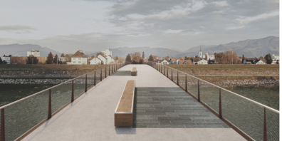 Visualisierung der neuen Langsamverkehrsbrücke zwischen Au und Lustenau bei Tag.