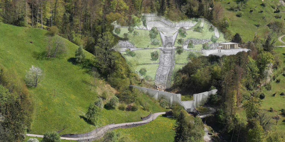 Der Kanton Luzern will den am Altdorfbach in Vitznau bestehenden Geschiebesammler (Bildmitte) ausbauen und einen neuen (oben) erstellen. (Visualisierung)