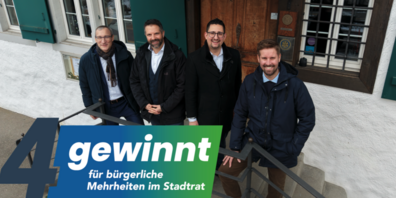 Die von der Allianz "4gewinnt" portierten Stadtrats-Kandidaten, v.l.n.r.: Thomas Eckereder, bisher, SVP; Adrian Bangerter, neu SVP Kandidat Stadtpräsidium; Fabio Cappelli, neu, SVP; Remo Gaus FDP, bisher Schulpräsident