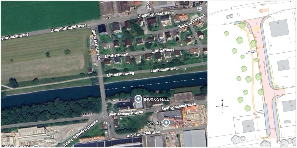 Der neue Entwurf sieht ein Trottoir auf der Ostseite, eine zusätzliche Querungsstelle bei der Ziegelbrückstrasse sowie eine gezielte Verengung der Fahrbahn vor. 