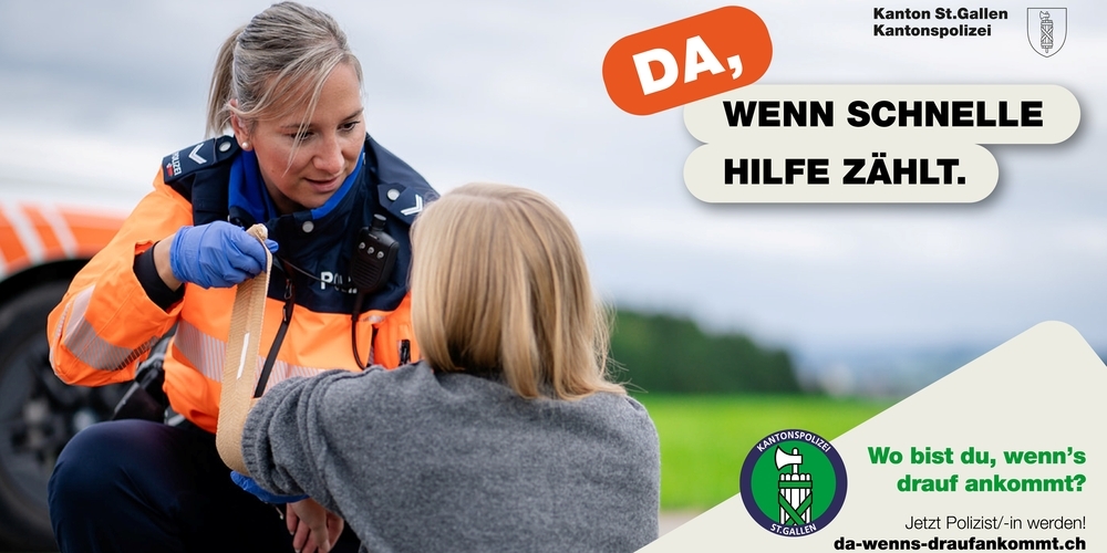 «Da, wenn schnelle Hilfe zählt»: eines der neuen Sujets der neuen Kampagne der Kapo St.Gallen zur Personalgewinnung.