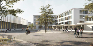 So soll sich das neue Bezirksschulhaus in Lachen inklusive Pausenplatz künftig präsentieren. 