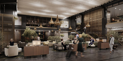 Unter der Marke «Iconic» entstehen ein neues Restaurant, eine runde Weinbar und eine grosse Lounge in der umgestalteten Eingangshalle des Seedamm Plazas.