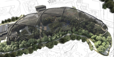 Die Pantanal Voliere wird von einem riesigen Netz überspannt, getragen von massiven Stahlträger