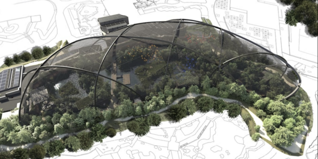 Die Pantanal-Voliere wird von einem riesigen Netz überspannt, getragen von massiven Stahlträgern.