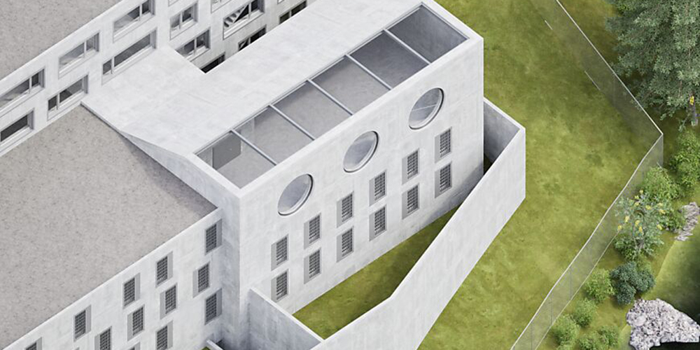 Die Visualisierung zeigt, wie das Kantonsgefängnis beim Sicherheitsstützpunkt Biberbrugg erweitert werden soll.