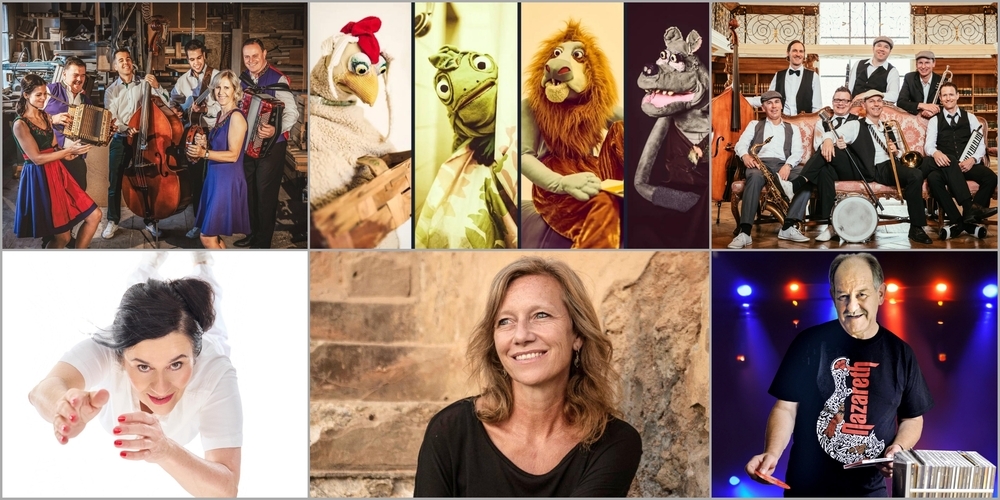 Buntes Programm im ersten Halbjahr: (v.l.n.r.o.) Oesch's die Dritten, die Goliath Show, Jazz Tube; (v.l.n.r.u.) Anet Corti, Christine Brand und DJ Lenz.