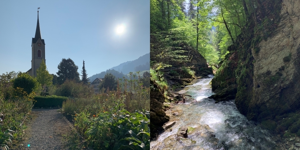 Links: Klostergarten Propstei Alt St. Johann und rechts: Thurfälle Unterwasser.