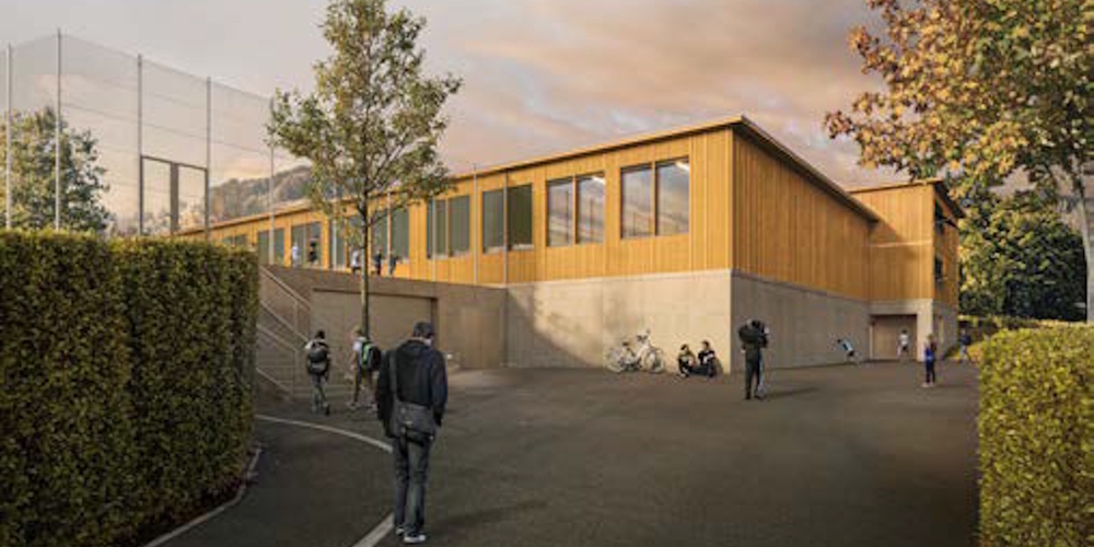 Visualisierung des westlichen Eingangs zur geplanten neuen Doppelturnhalle in Gommiswald.