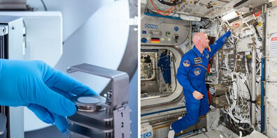 Links: Der Zwilling dieser Probe befindet sich auf der Aussenseite der ISS als Teil des «SESAME»-Experiments. Rechts: ESA-Astronaut Alexander Gerst installiert den «Electromagnetic Levitator» (EML) an Bord der ISS. An diesem Instrument führte Gerst später auch die Versuche der Empa mit metallischen Gläsern durch.