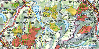 In Ausserschwyz gibt es drei empfohlene Wildruhezonen (Sattelegg Ost, Pfiffegg und Trepsental), gelb eingezeichnet. Rot sind die rechtsverbindlichen Zonen. 