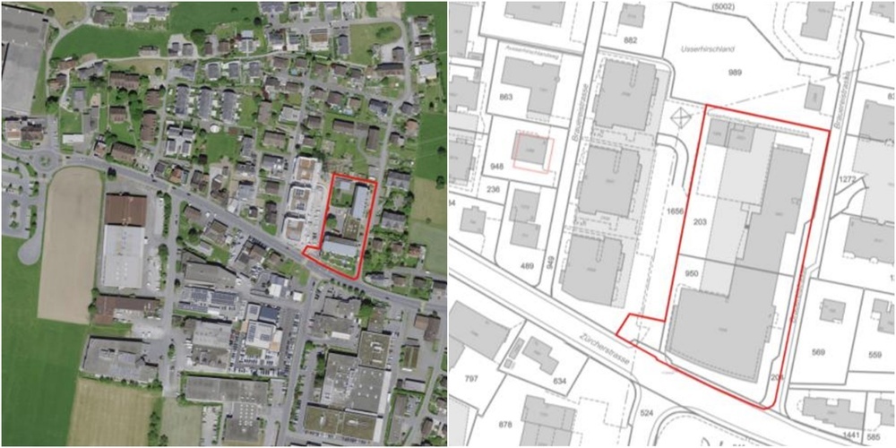 Orthofoto, in rot: Planungsgebiet (l.) und Amtliche Vermessung, in rot: Planungsgebiet (r.).
