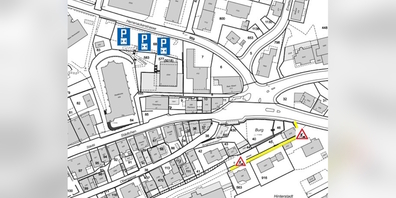 Karte mit dem Baustellenbereich (gelb) mit möglicher Zufahrtseinschränkungen und markierten Alternativparkplätzen im Herrenacker.