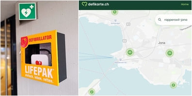 Die Standorte von öffentlich zugänglichen Defibrillatoren sind auf der Webseite defikarte.ch zu finden (Print Screen der Webseite).