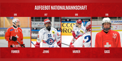 Laurin Fuhrer (Verteidiger, 2008), Simon Jenni (Verteidiger, 2009), Kimi Murer (Verteidiger, 2010) und Yanis Gass (Stürmer, 2010).