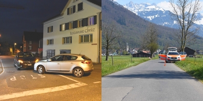 Eine Auto-Frontalkollision in Eschenbach (l.) und ein Unfall zwischen zwei E-Bikes und einem Velo in Schänis.