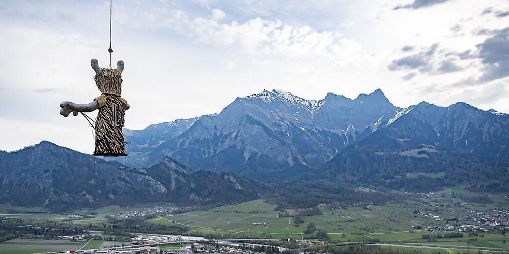 Die Skulptur "Der Manipulator" von Markus "Leto" Meyle aus Mollis GL wurde am Montag auf den Guschakopf ob Bad Ragaz geflogen. Sie ist das Aushängeschild der diesjährigen Skulpturenausstellung "Bad Ragartz".