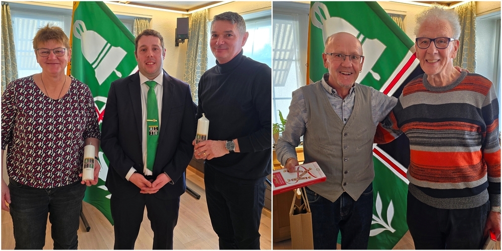 Links: Kreispräsident Peter Wälti wird flankiert von den Neumitgliedern Esther Steiner und Marko Barbic. Rechts: Strahlende Jubilare: Peter Schwitter (l.) und Kaspar Gallati sind 30 Jahre im Verein dabei.