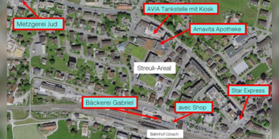 Auf der Karte sind die Verkaufsstellen eingezeichnet, die zurzeit für die Quartierversorgung einstehen.