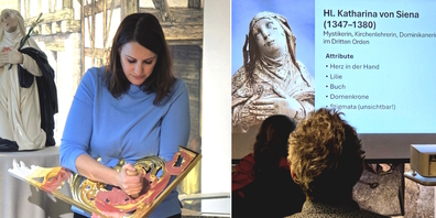 Links: Restauratorin Sylvia Fontana zeigt die Vergolderei, hinten die restaurierte Figur der heiligen Katharina von Siena. Rechts: Katharina von Siena vor der Restaurierung.